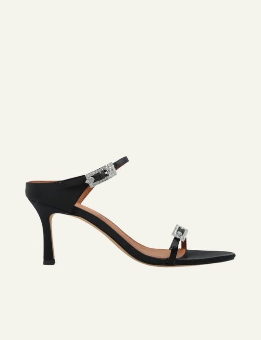 Kurt Geiger heeled sandal black leather silver strass buckles side view