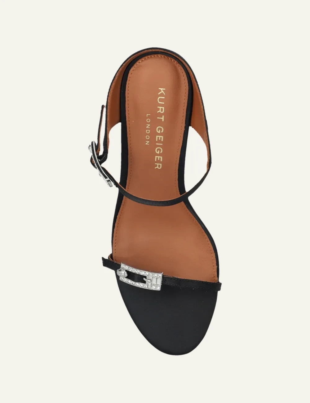 Kurt Geiger heeled sandal black leather silver strass buckles top view