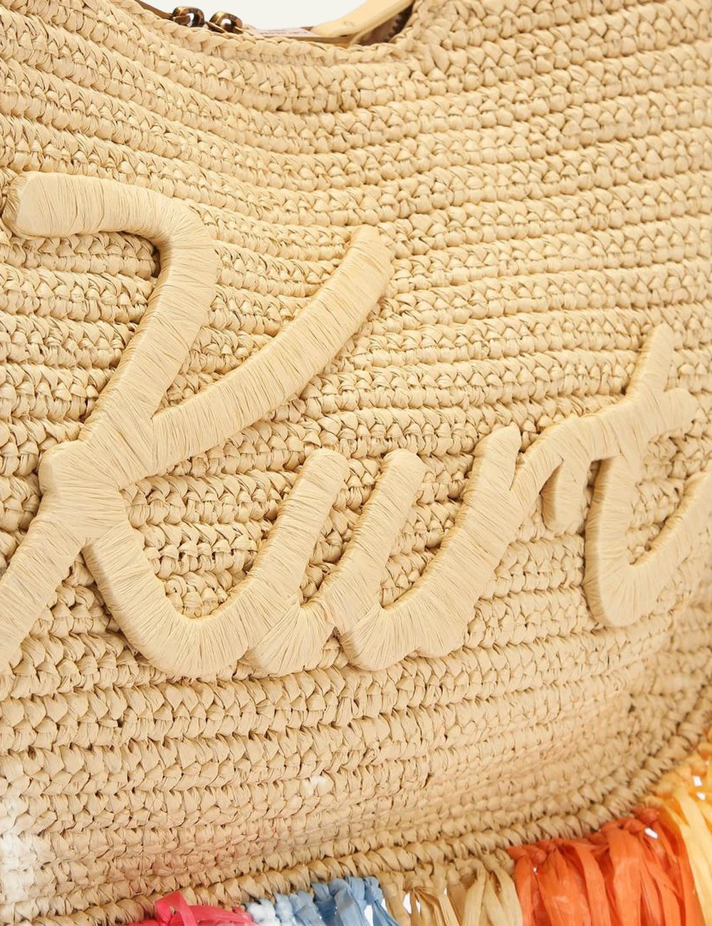 Kurt Geiger raffia hobo bag beige multicolor fringe logo view
