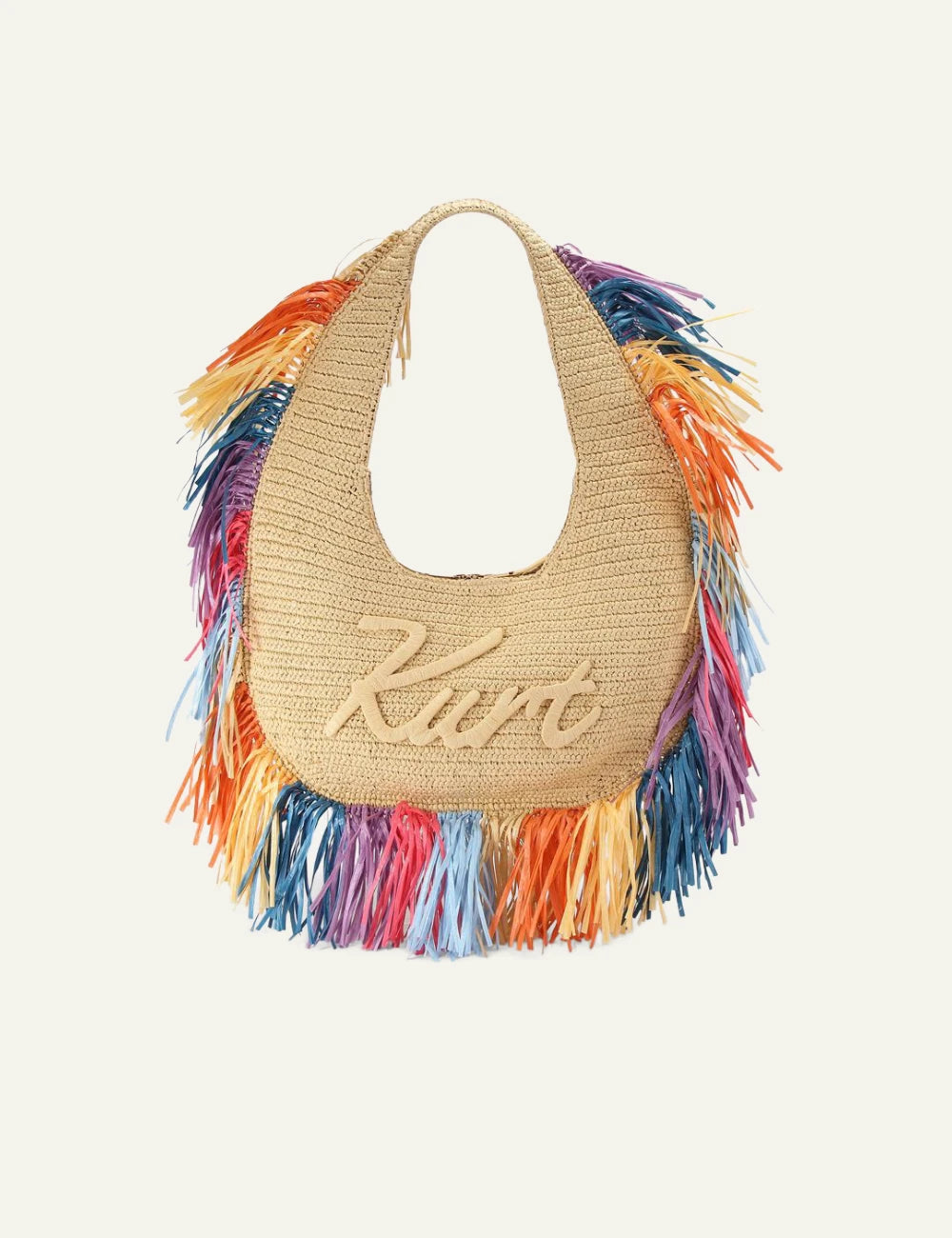 Kurt Geiger raffia hobo bag beige multicolor fringe front view
