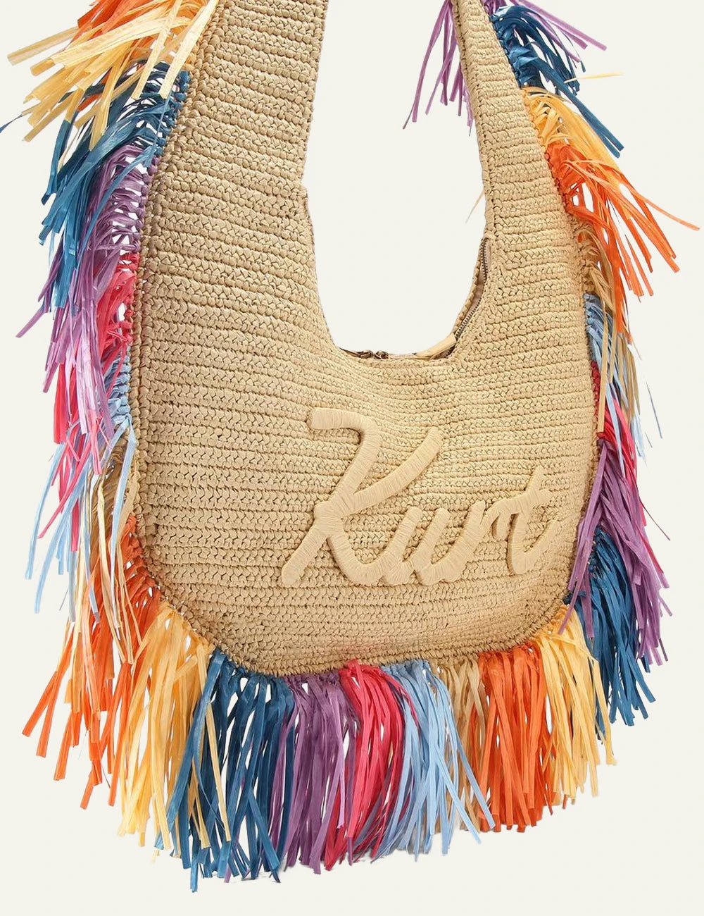 Kurt Geiger raffia hobo bag beige multicolor fringe side view