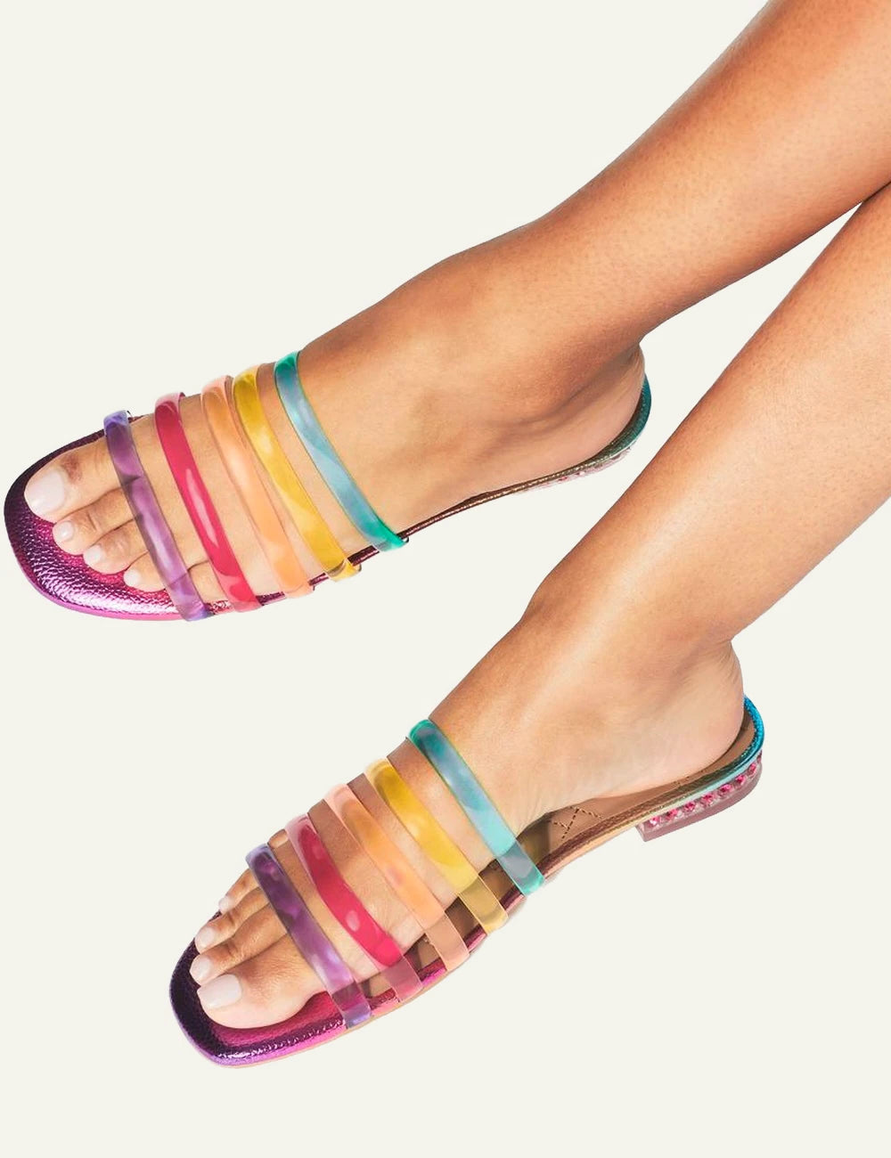 Kurt Geiger jelly strap mule rainbow transparent straps pink crystal heel side model view