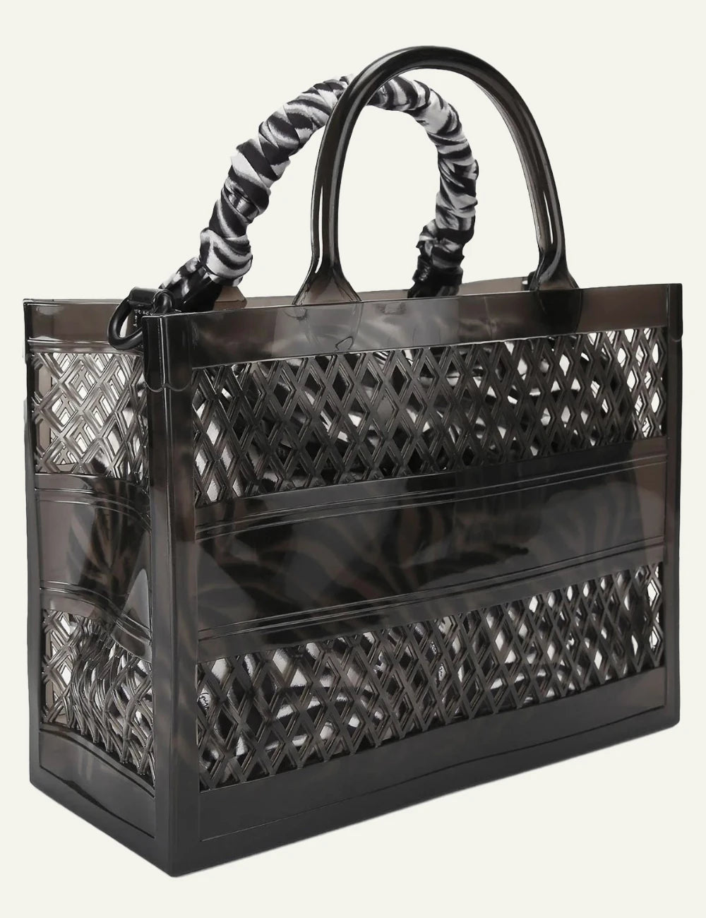 Kurt Geiger jelly tote bag black mesh tiger pouch scarf handle back view