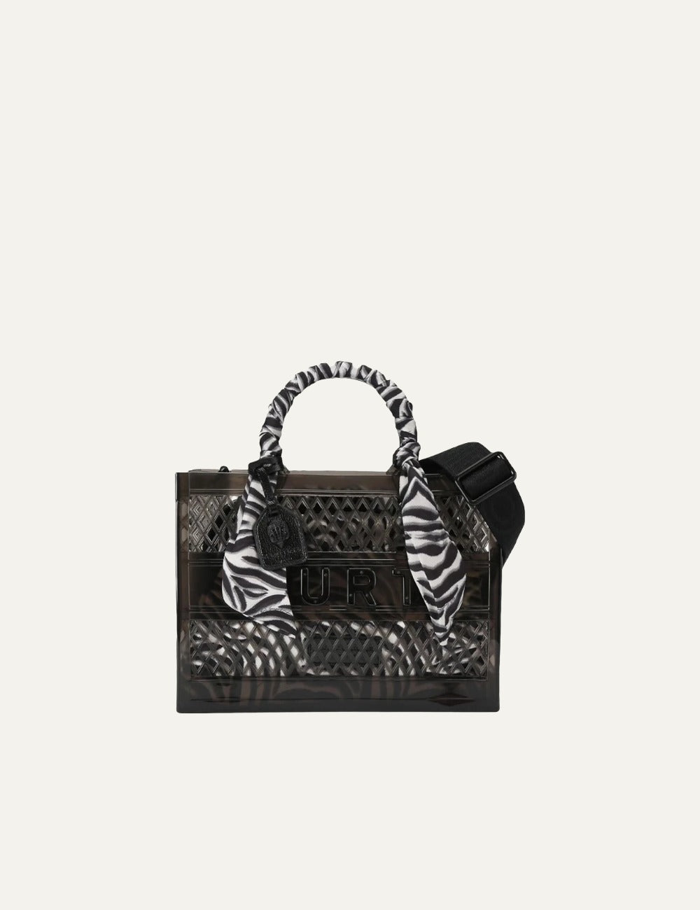 Kurt Geiger jelly tote bag black mesh tiger pouch scarf handle front view