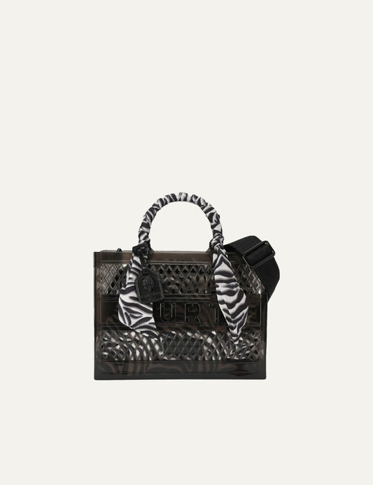 Kurt Geiger jelly tote bag black mesh tiger pouch scarf handle front view