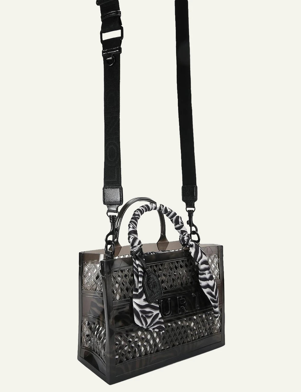 Kurt Geiger jelly tote bag black mesh tiger pouch scarf handle side view