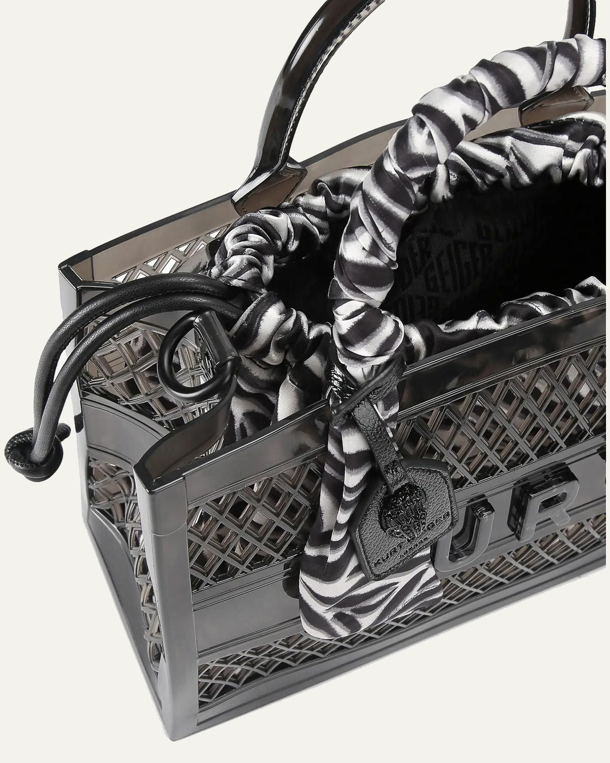 Kurt Geiger jelly tote bag black mesh tiger pouch scarf handle top view