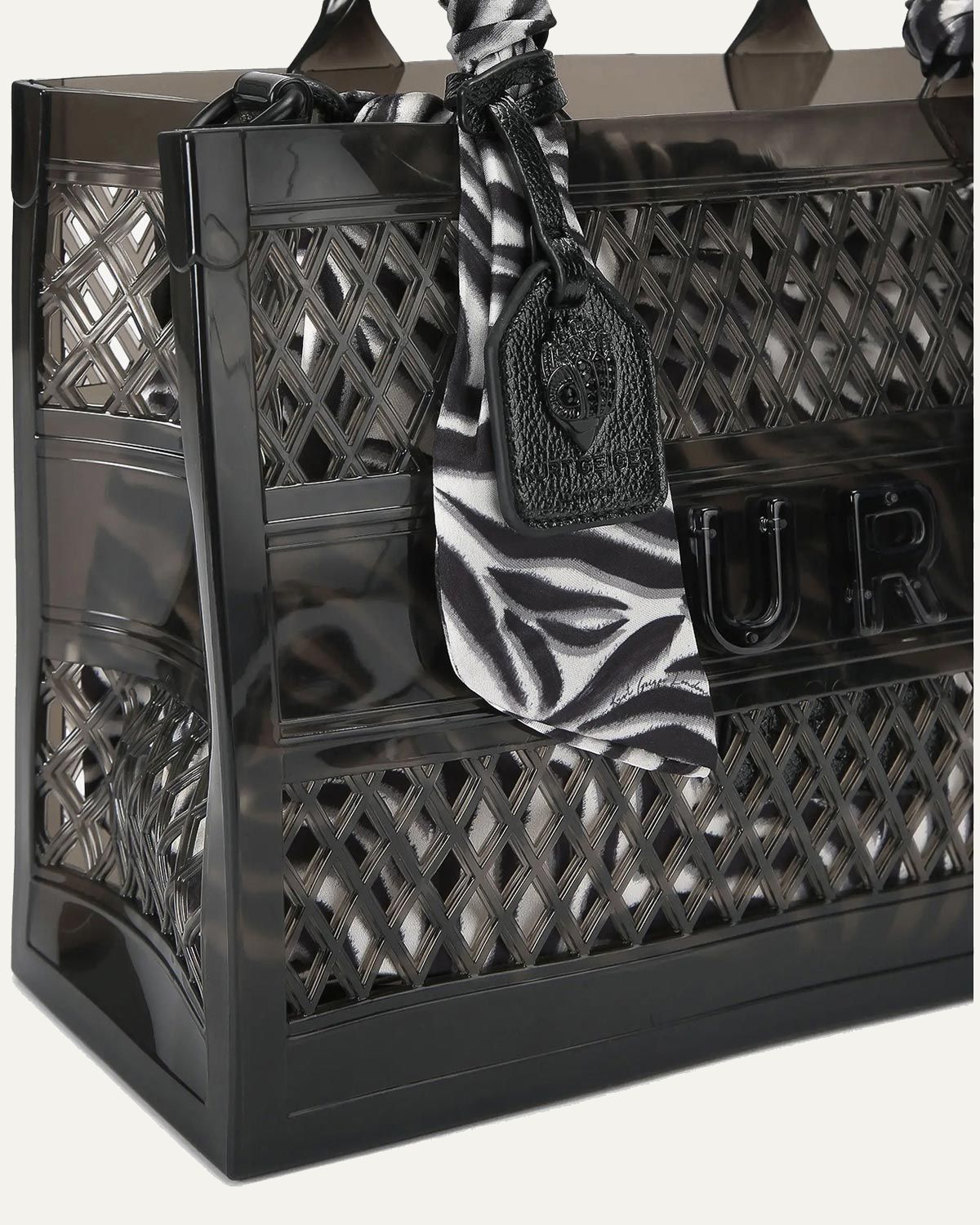 Kurt Geiger jelly tote bag black mesh tiger pouch scarf handle front side view