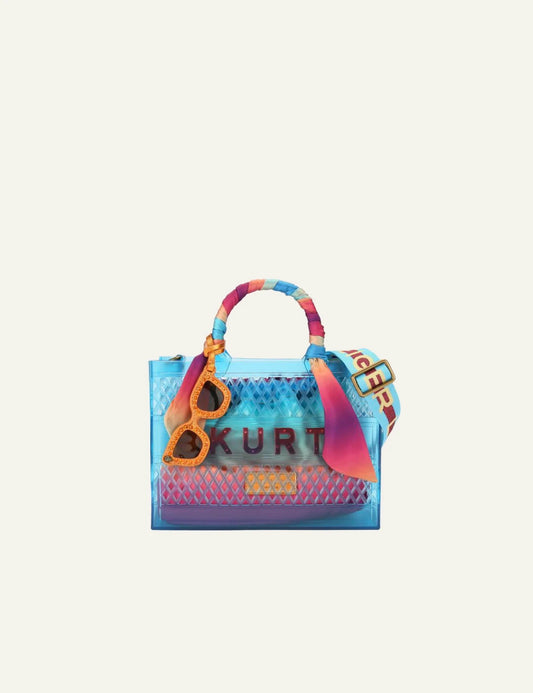 Kurt Geiger jelly tote bag blue mesh ombre pouch scarf handle front view