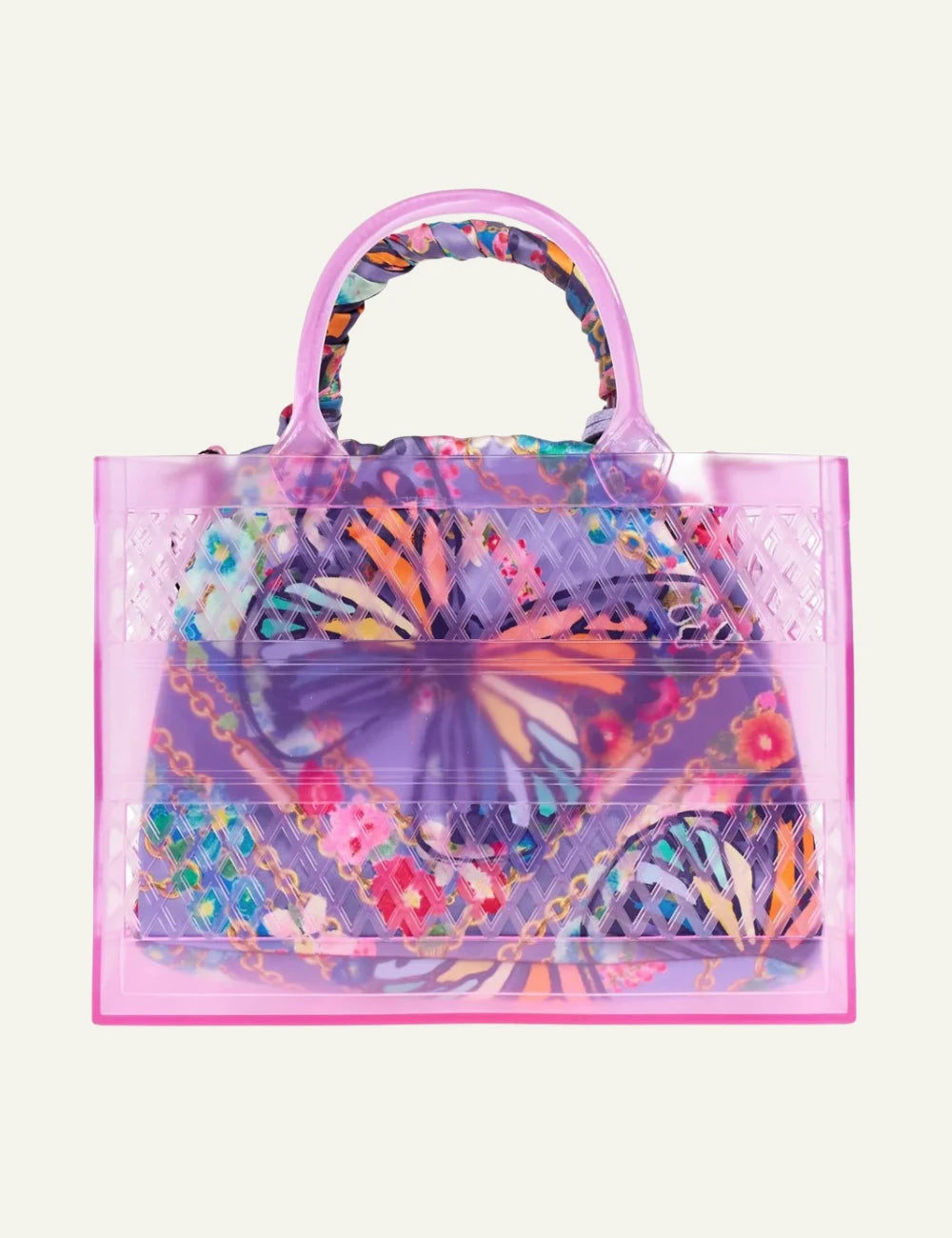 Kurt Geiger jelly tote bag lilac mesh ombre pouch scarf handle butterfly detail back view