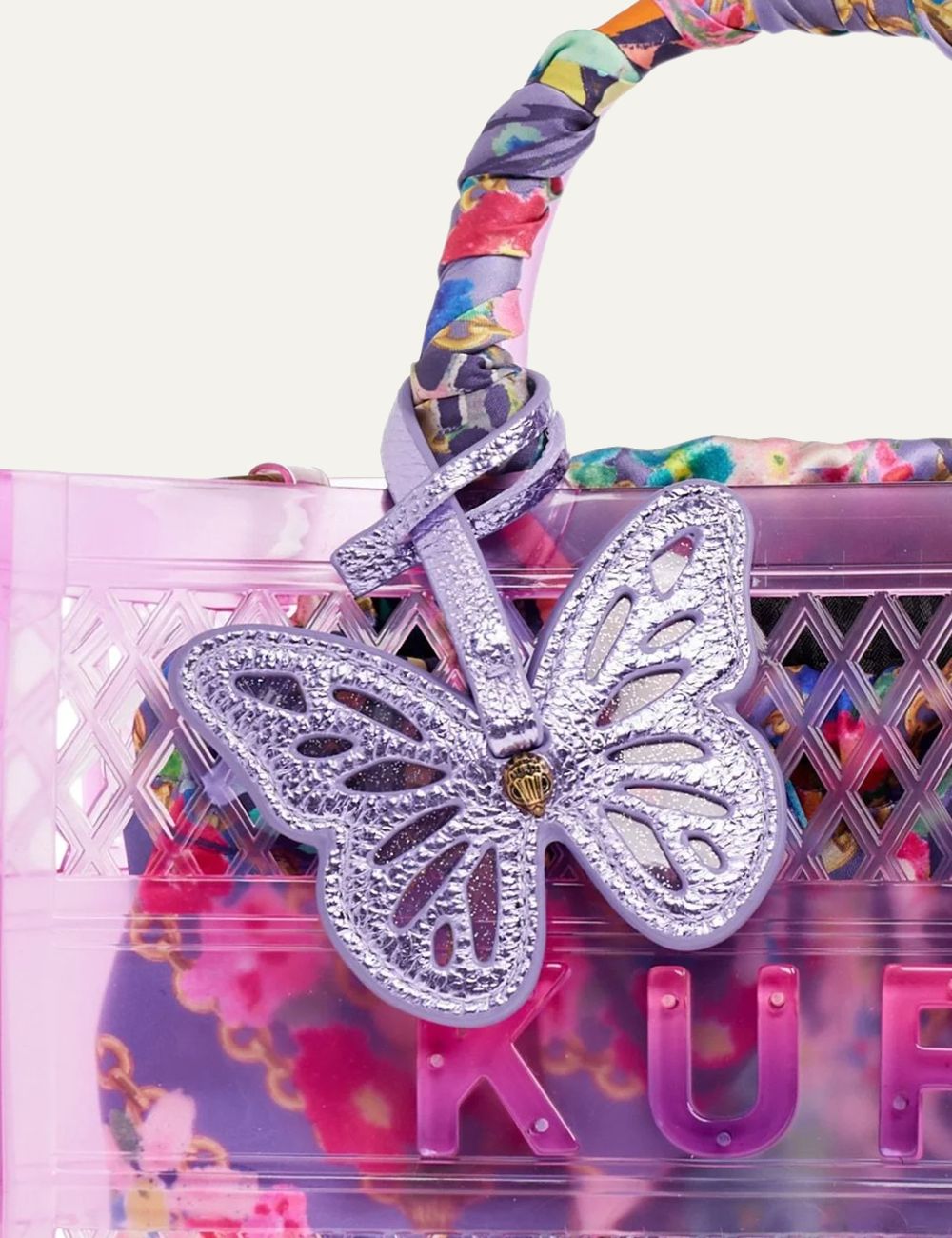 Kurt Geiger jelly tote bag lilac mesh ombre pouch scarf handle butterfly detail front detail view