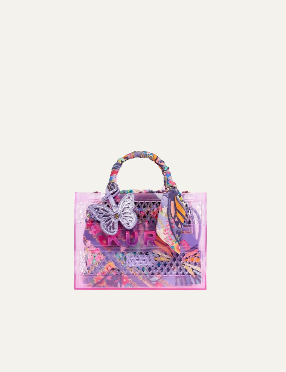 Kurt Geiger jelly tote bag lilac mesh ombre pouch scarf handle butterfly detail front view