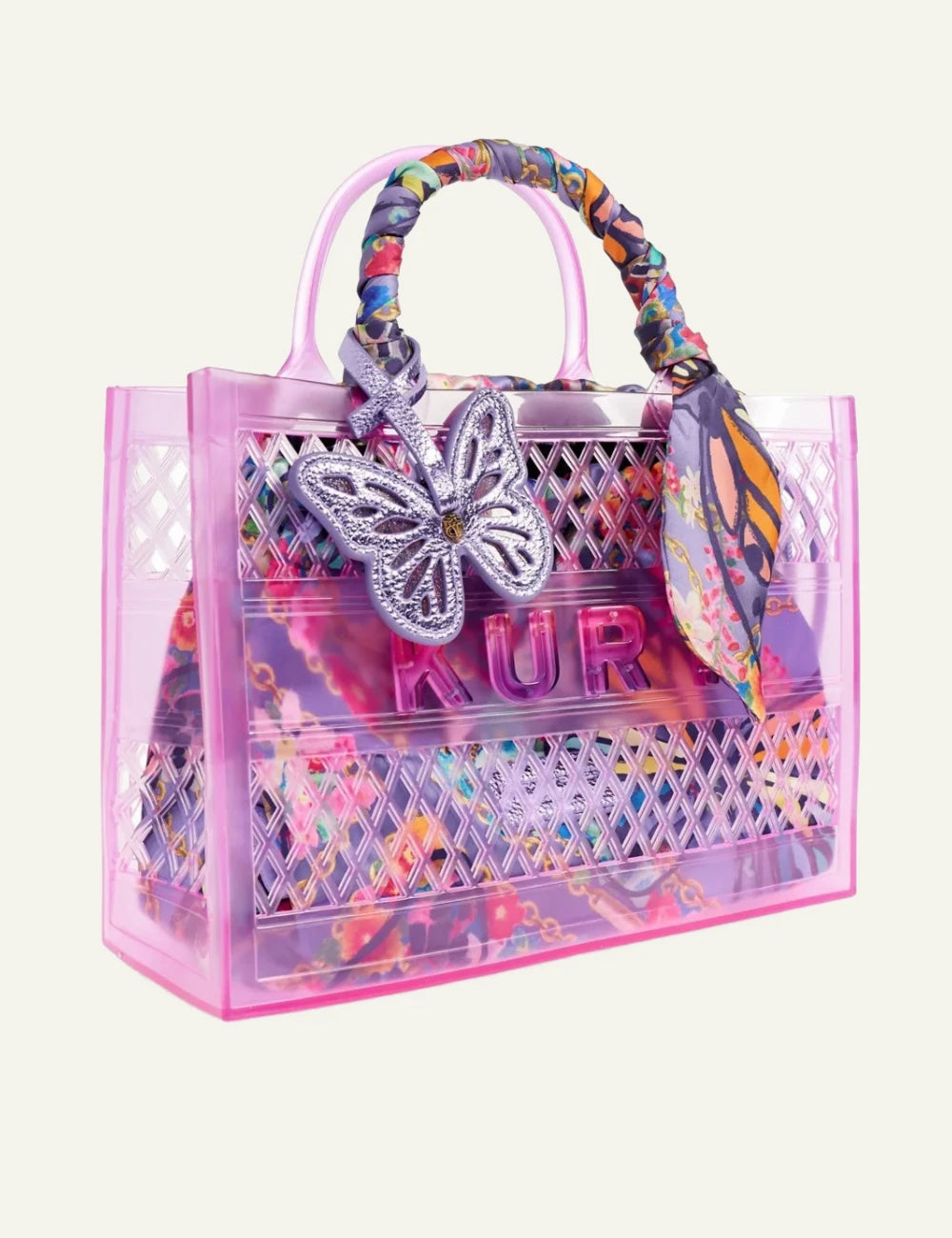 Kurt Geiger jelly tote bag lilac mesh ombre pouch scarf handle butterfly detail side view