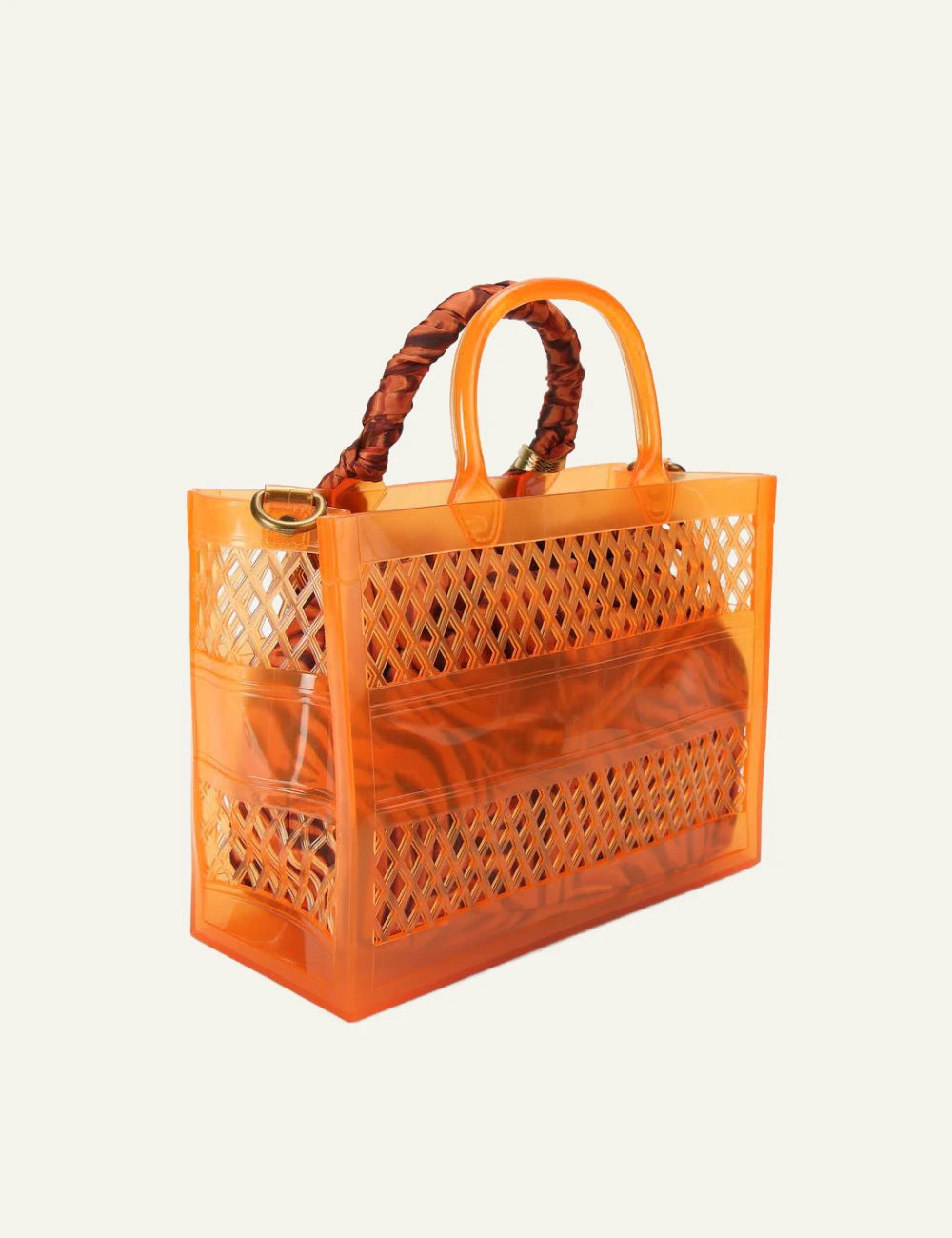Kurt Geiger jelly tote bag orange mesh tiger pouch scarf handle back view