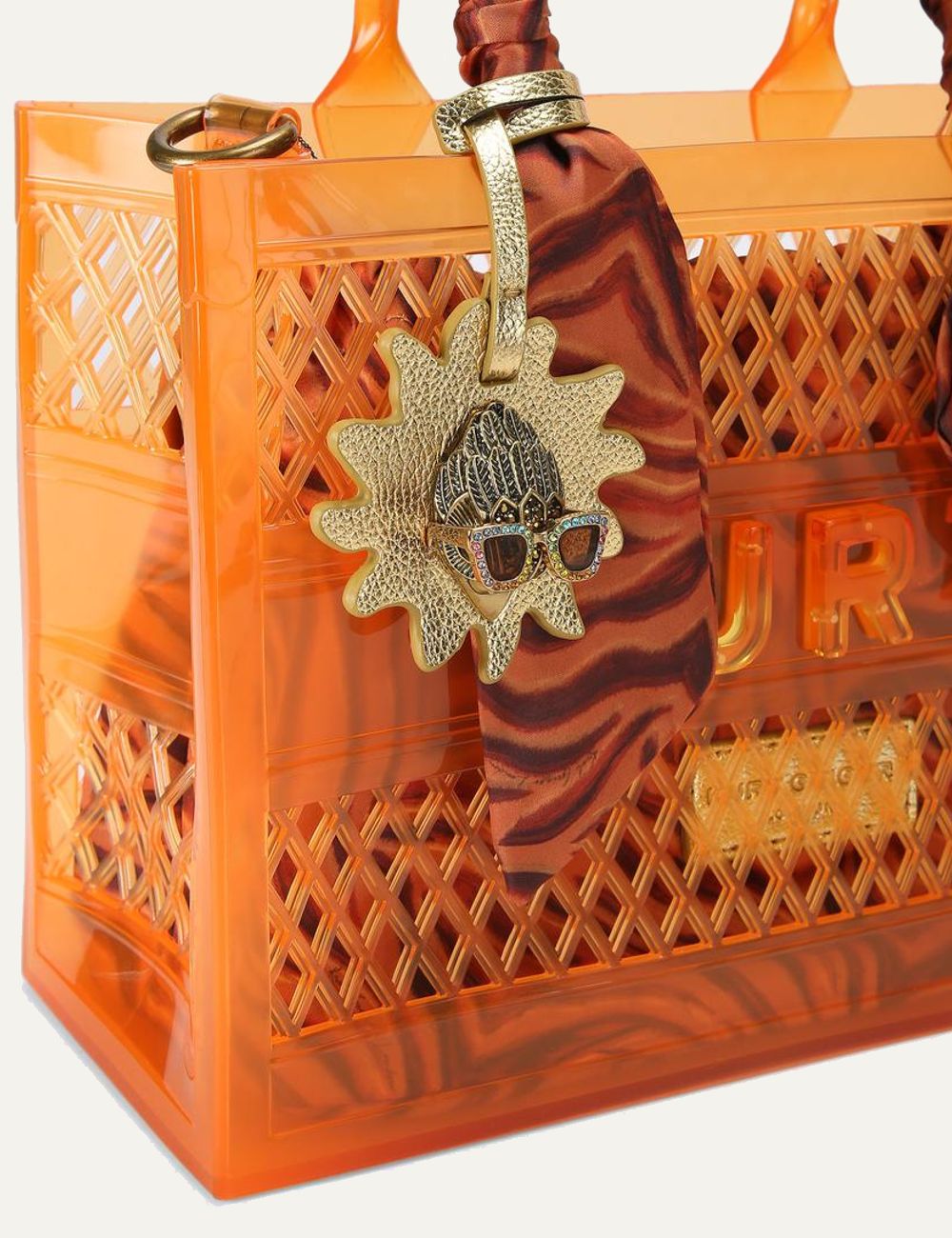 Kurt Geiger jelly tote bag orange mesh tiger pouch scarf handle front detail view