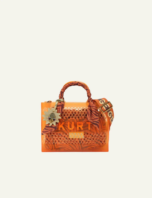 Kurt Geiger jelly tote bag orange mesh tiger pouch scarf handle front view