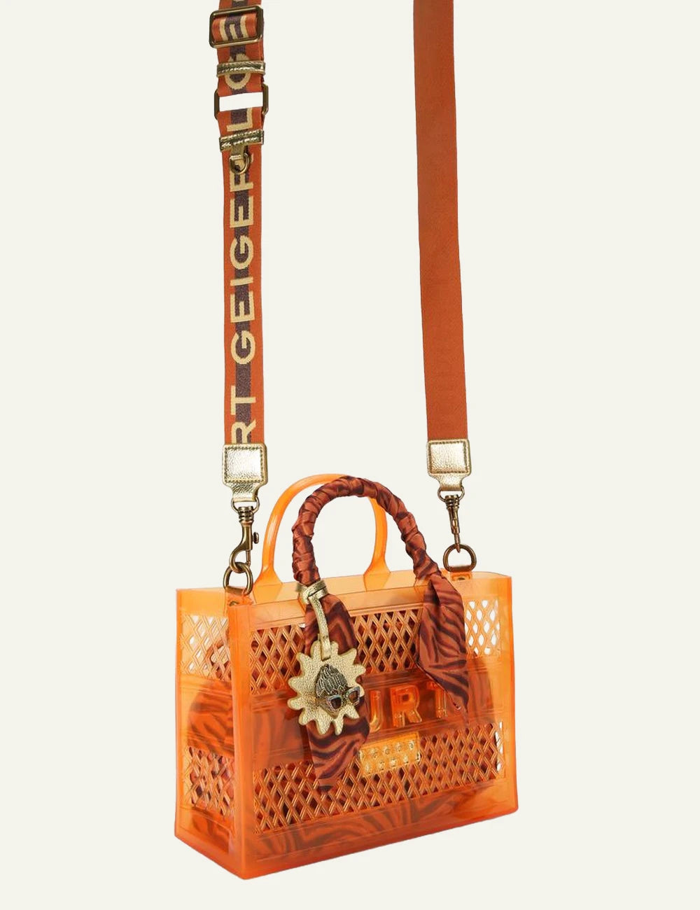 Kurt Geiger jelly tote bag orange mesh tiger pouch scarf handle side view