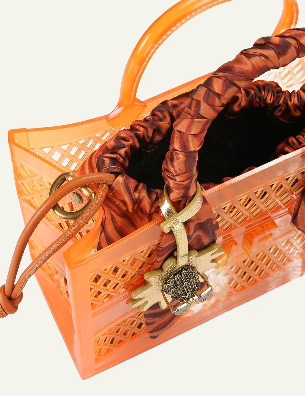 Kurt Geiger jelly tote bag orange mesh tiger pouch scarf handle top view