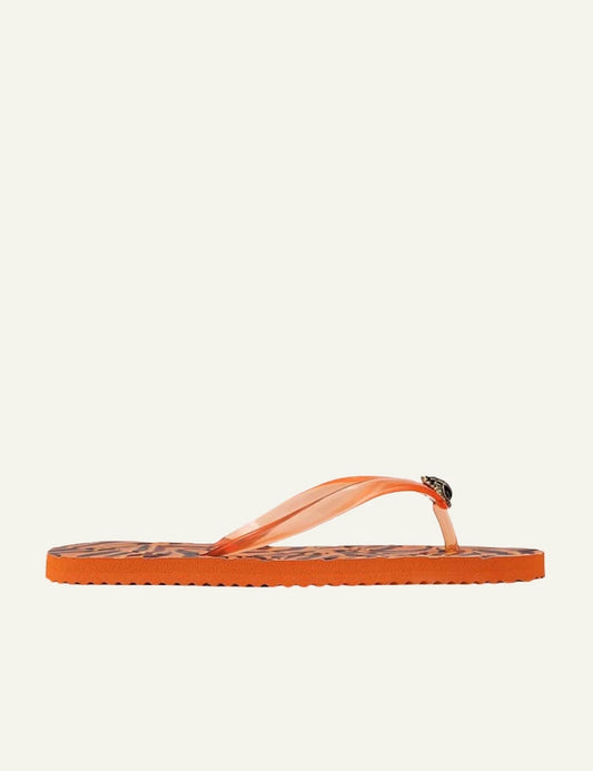 Kurt Geiger Kensington flip flop orange sole leopard print footbed orange strap eagle logo side view