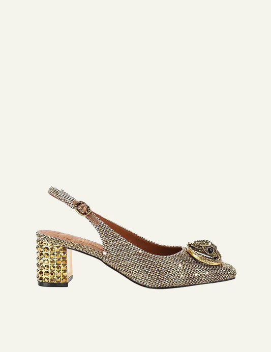 Gold crystal embellished Kurt Geiger Kensington slingback pumps with eagle head detail