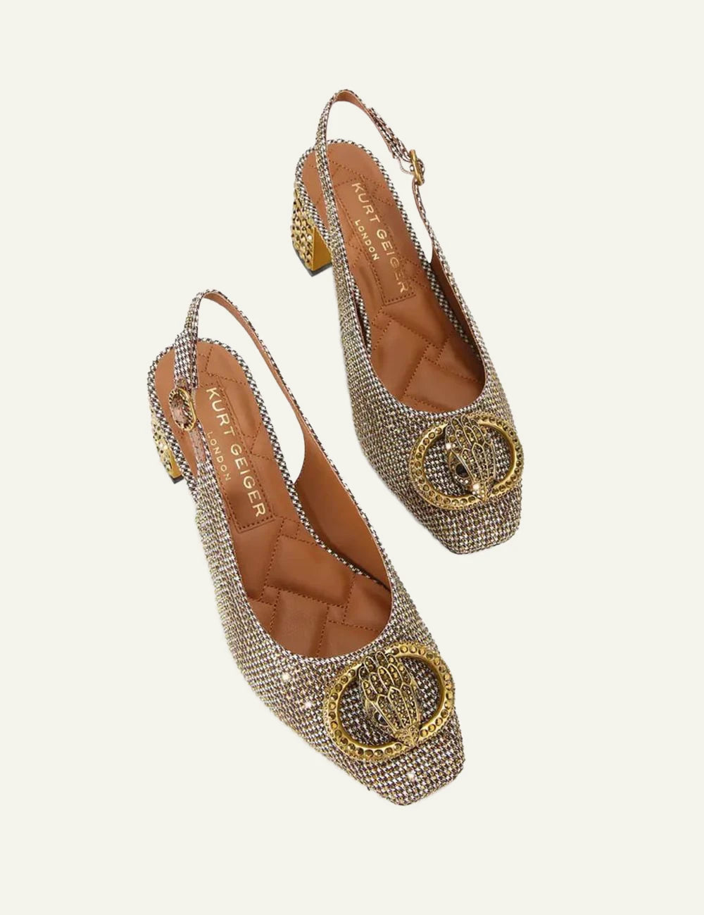Gold crystal embellished Kurt Geiger Kensington slingback pumps with eagle head detail top