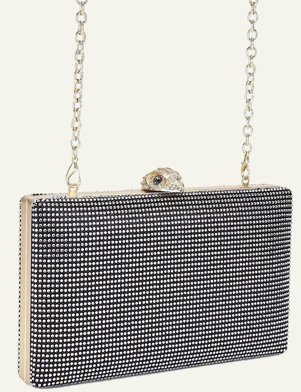 Kurt Geiger London Crystal Kensington clutch black with gold chain strap side view