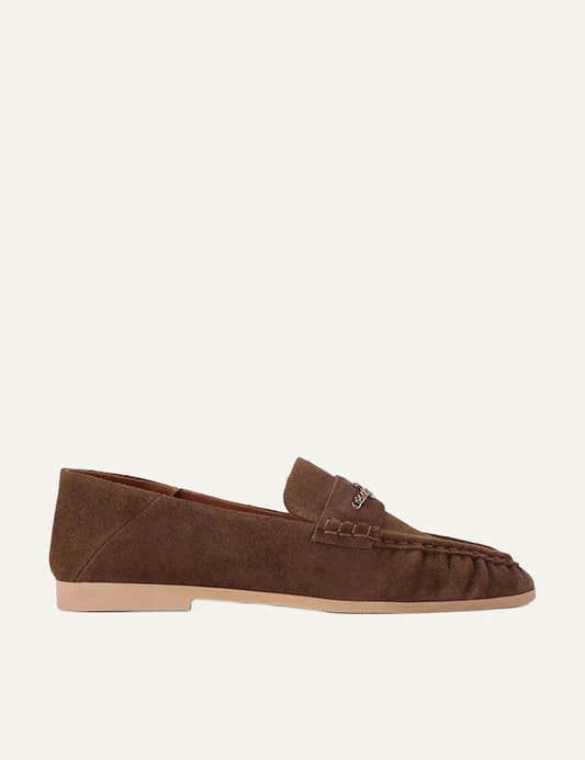 Brown suede Kurt Geiger Kurt Charm Loafer with metal charm detail