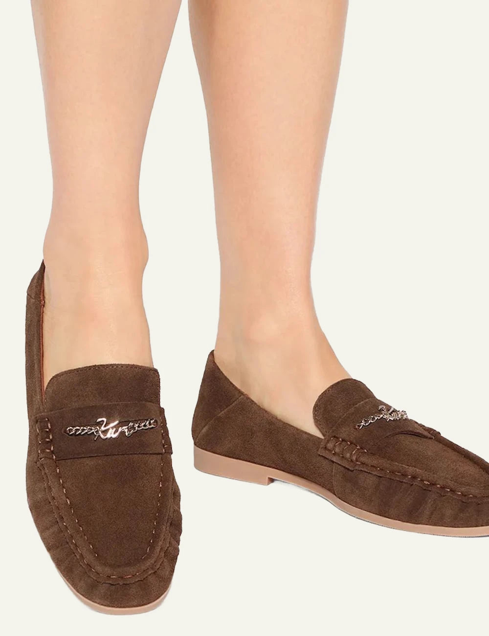 Brown suede Kurt Geiger Kurt Charm Loafer with metal charm model