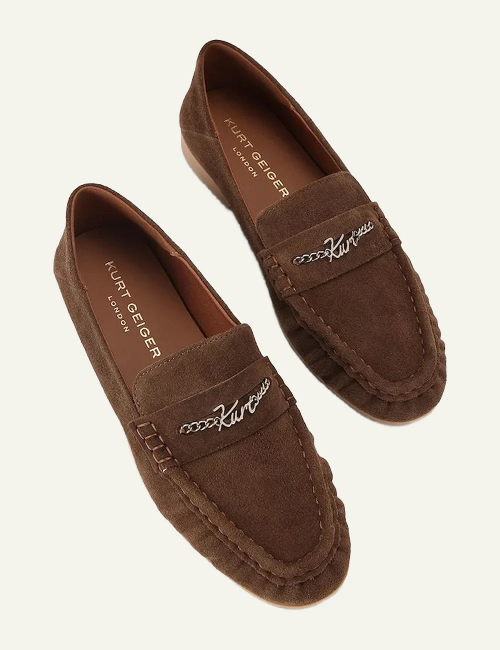 Brown suede Kurt Geiger Kurt Charm Loafer with metal charm detail top