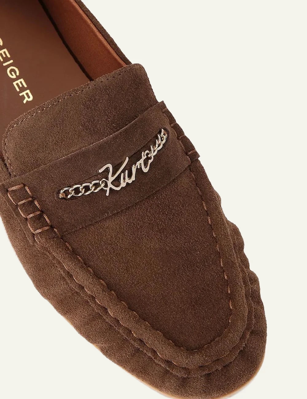 Brown suede Kurt Geiger Kurt Charm Loafer with metal charm detail angled