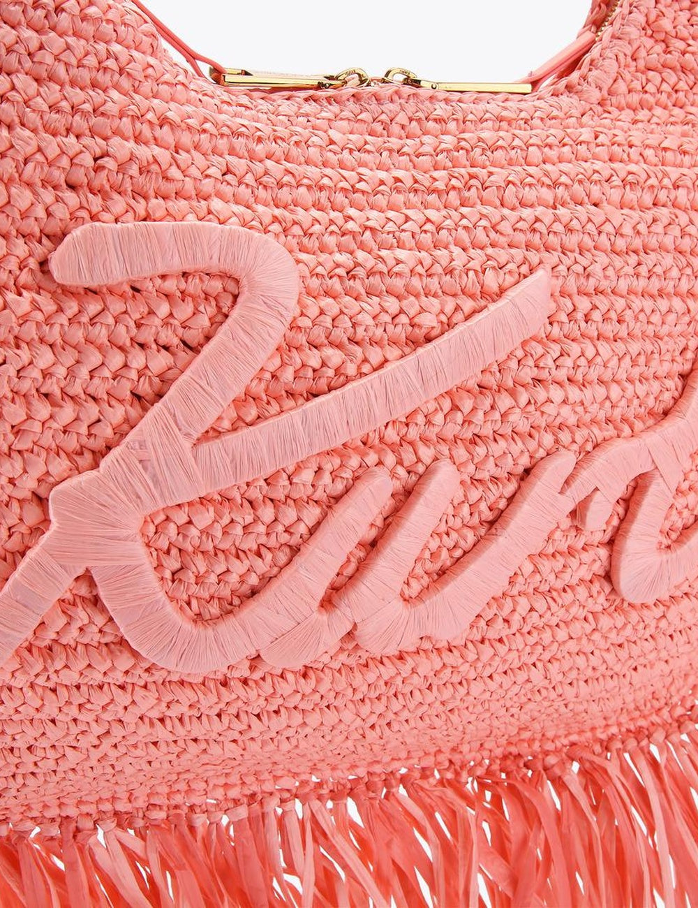 kurt geiger large hobo bag pink raffia fringe cursive logo front logo view
