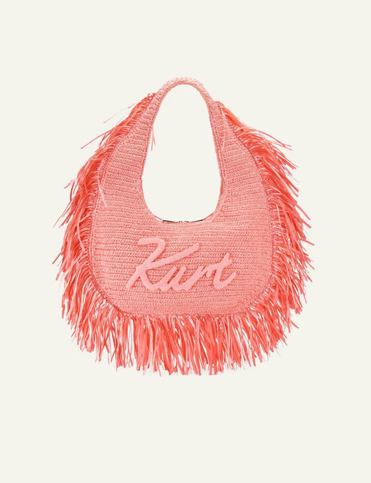 kurt geiger large hobo bag pink raffia fringe cursive logo front view
