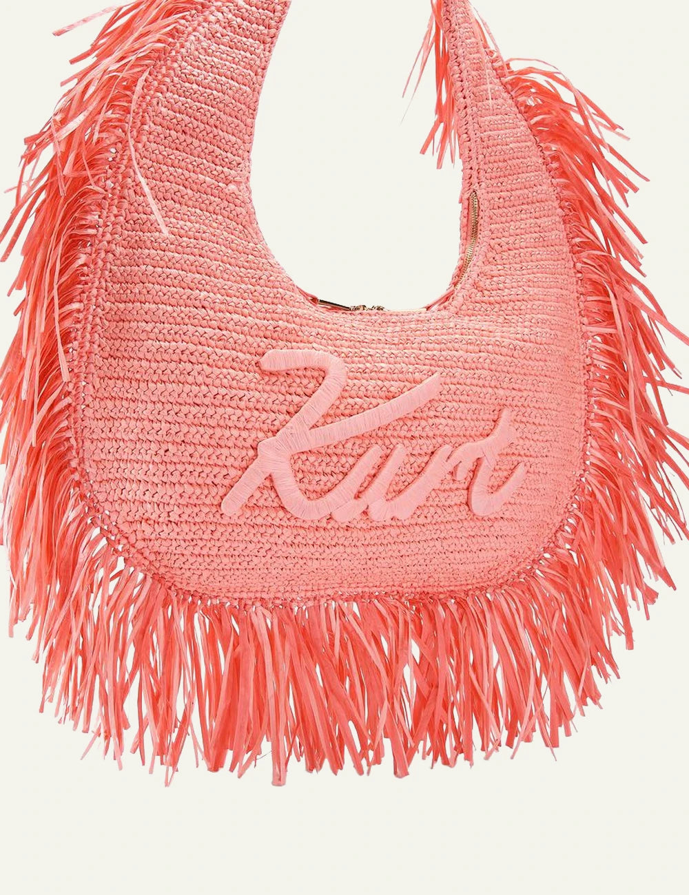 kurt geiger large hobo bag pink raffia fringe cursive logo side view