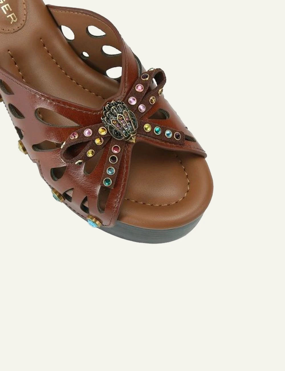 Kurt Geiger butterfly leather platform mules brown front detail view