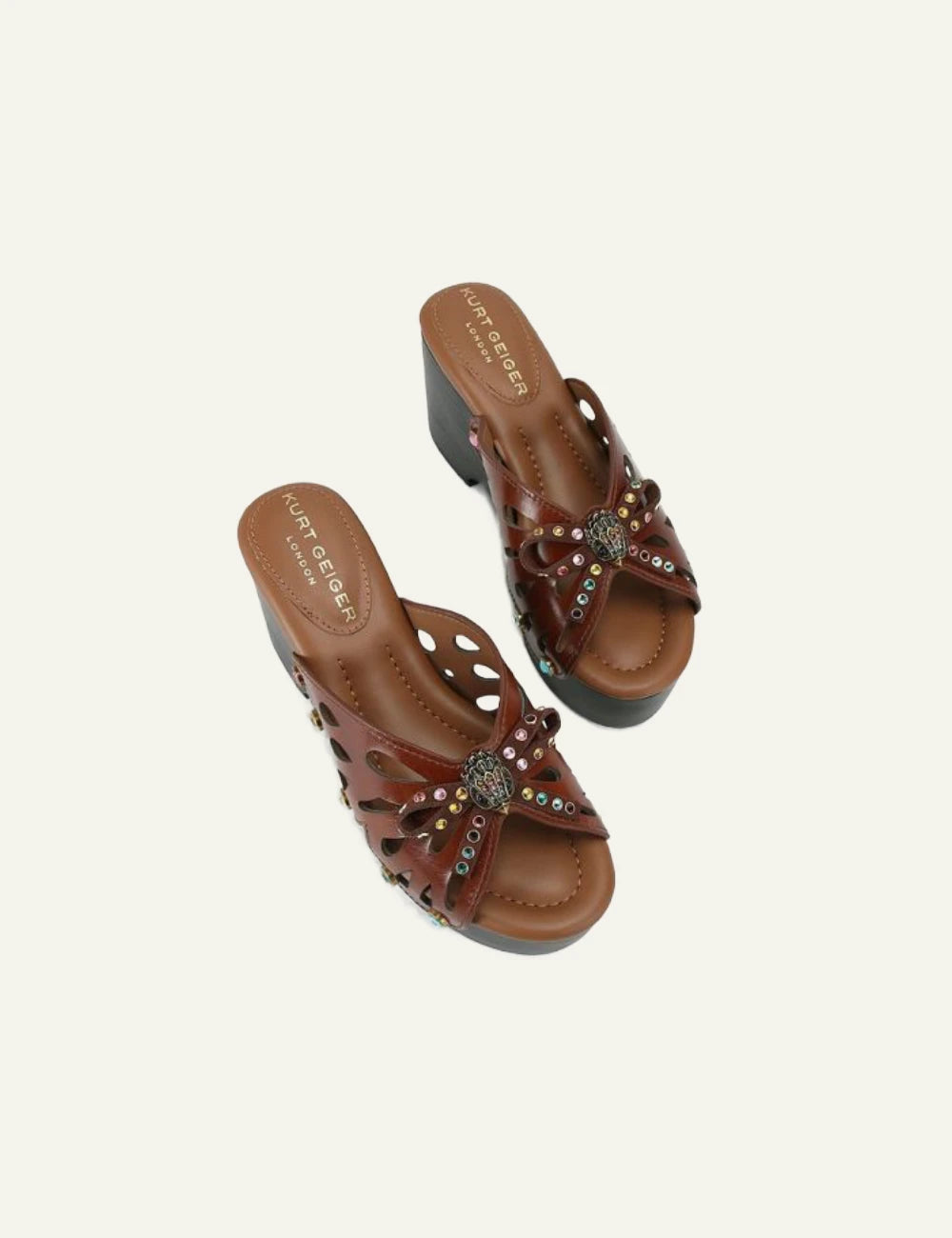 Kurt Geiger butterfly leather platform mules brown top view