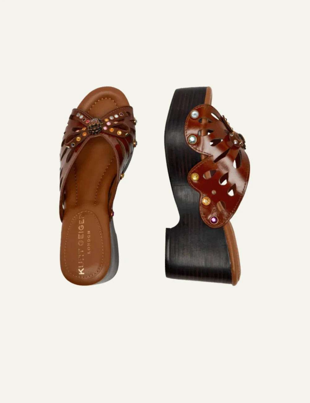 Kurt Geiger butterfly leather platform mules brown sole view