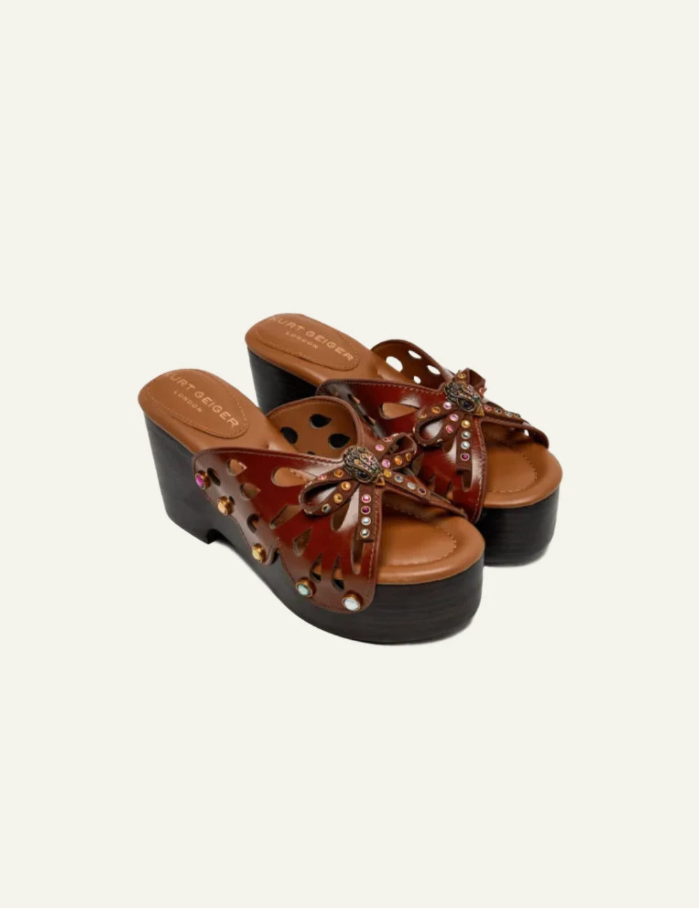 Kurt Geiger butterfly leather platform mules brown angled view