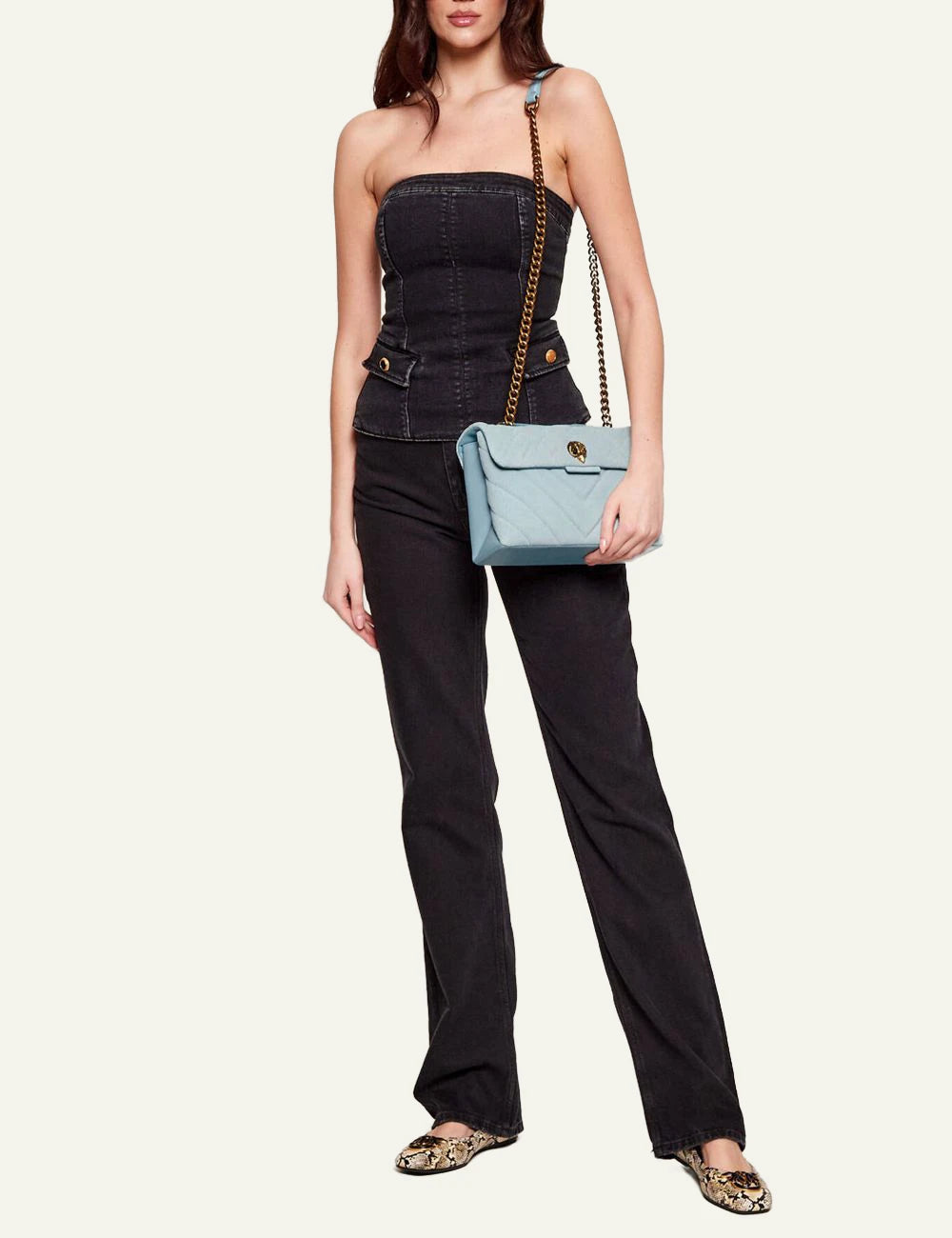 Kurt Geiger Leather Kensington Bag light blue suede quilted front full body view 