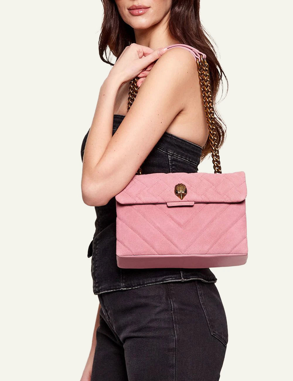 Kurt Geiger Leather Kensington Bag pink suede quilted side view