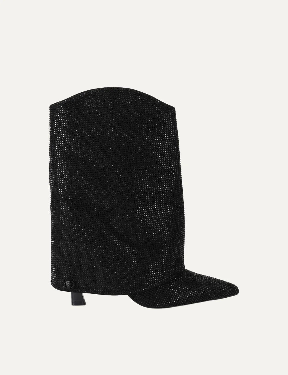 Kurt Geiger London Annabel black knee high boots with all-over black rhinestone embellishments, wide shaft, pointed toe and slim heel.