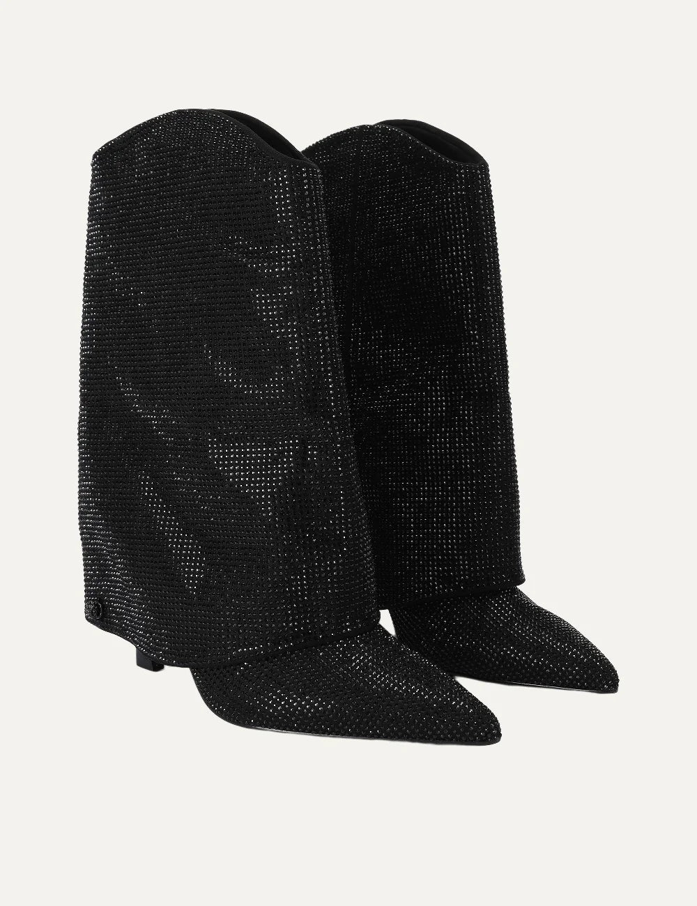 Kurt Geiger London Annabel black knee high boots with all-over black rhinestone embellishments, wide shaft, pointed toe and slim heel angled