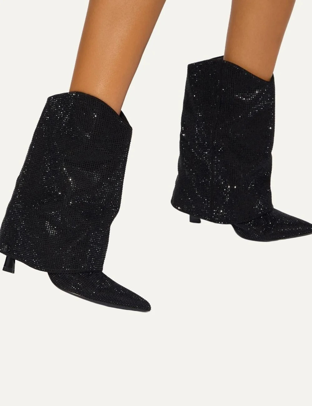 Kurt Geiger London Annabel black knee high boots with all-over black rhinestone embellishments, wide shaft, pointed toe and slim heel model