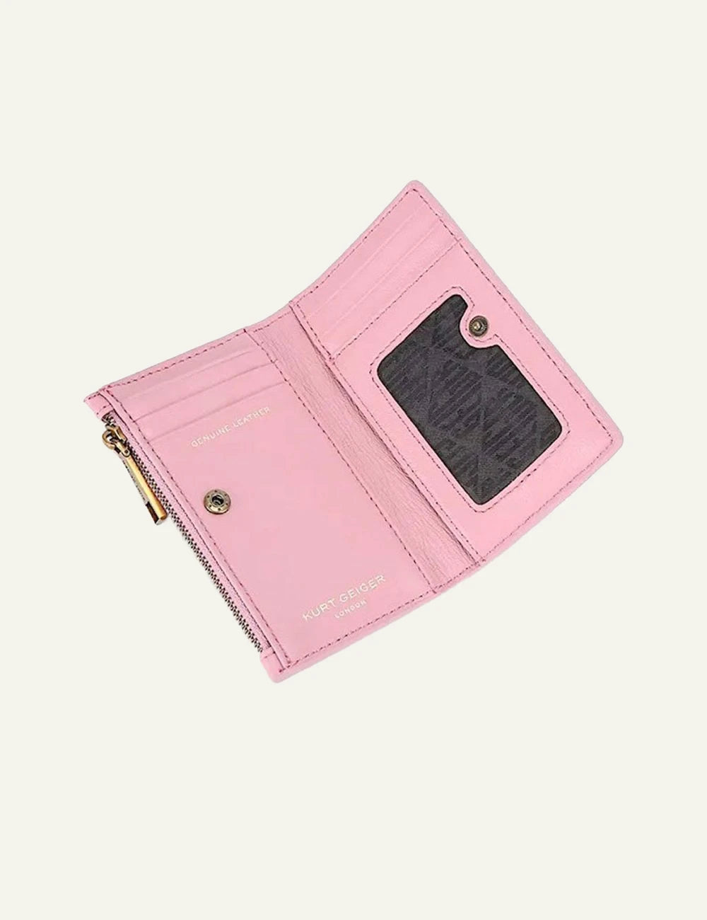 Kurt Geiger pink leather bifold wallet interior open card slots ID window