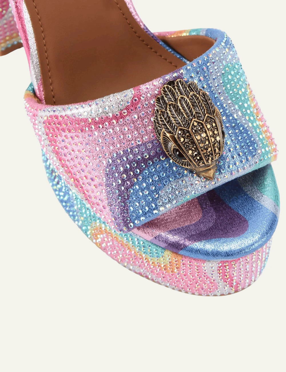 Kurt Geiger London Kensington platform heels pastel rainbow crystals ankle strap front detail view