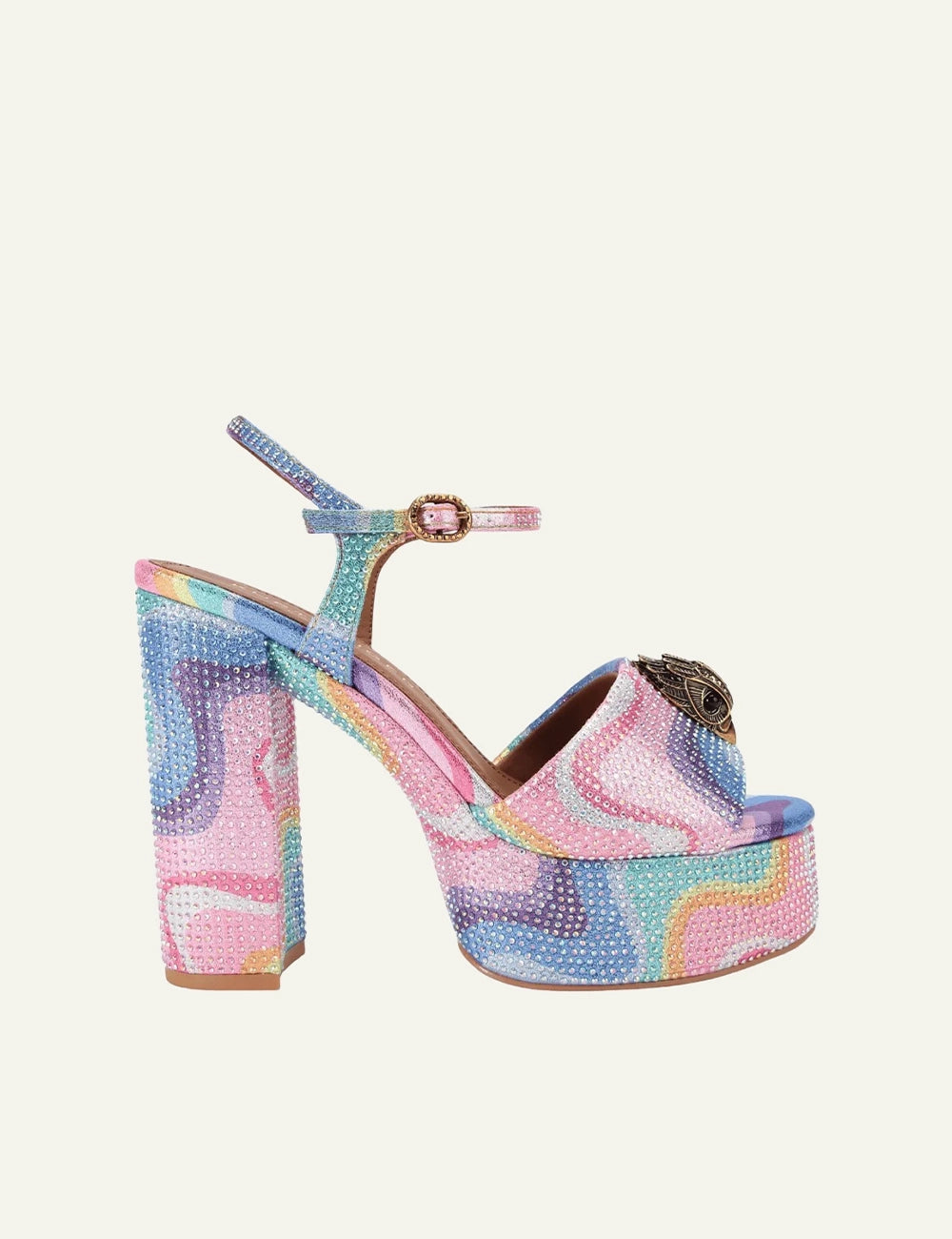 Kurt Geiger London Kensington platform heels pastel rainbow crystals ankle strap side view