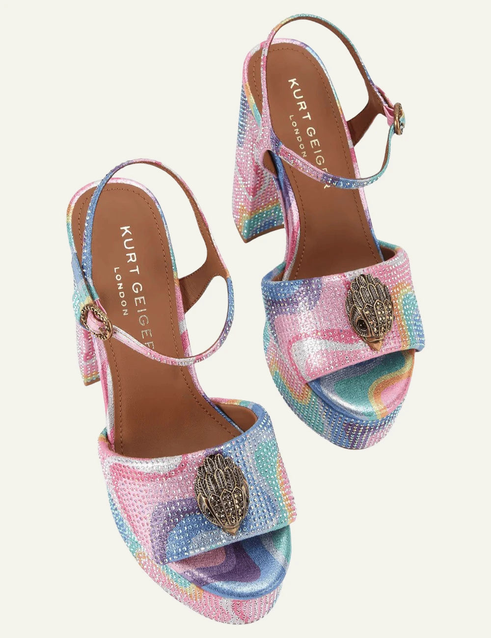 Kurt Geiger London Kensington platform heels pastel rainbow crystals ankle strap top view