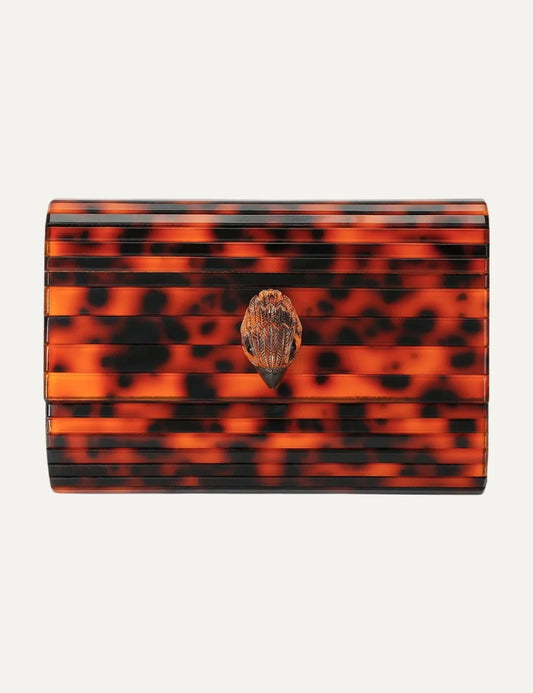 Kurt Geiger London women leopard print hard shell clutch bag with eagle head detail and chain strap