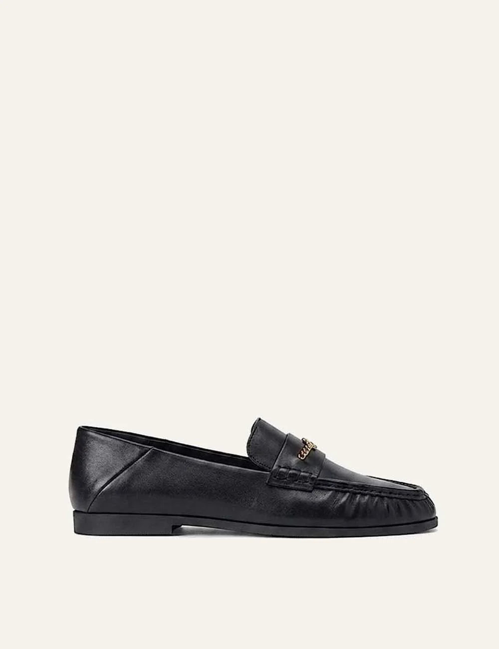 Kurt Geiger London women black leather loafers with gold chain logo detail