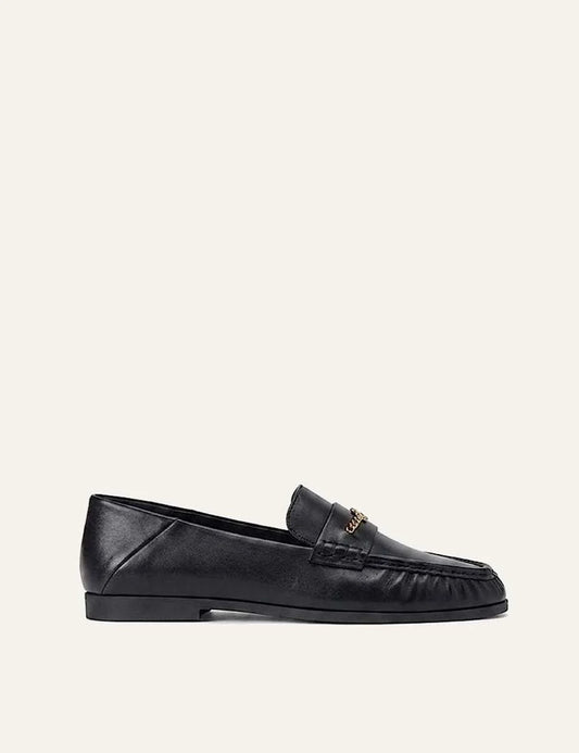 Kurt Geiger London women black leather loafers with gold chain logo detail