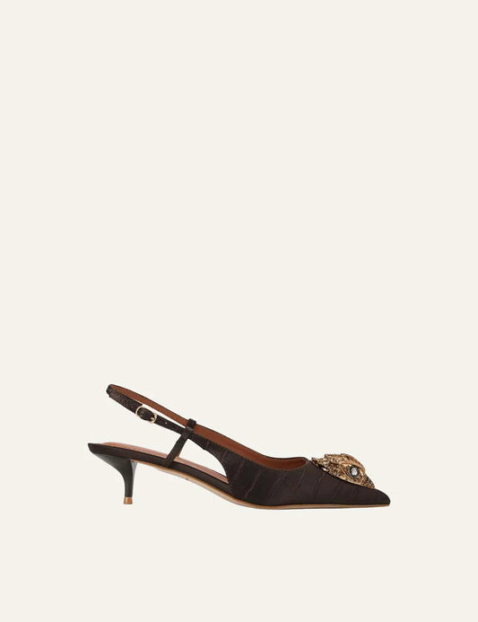 Kurt Geiger London women Belsize brown croc embossed satin slingback heels with crystal eagle head